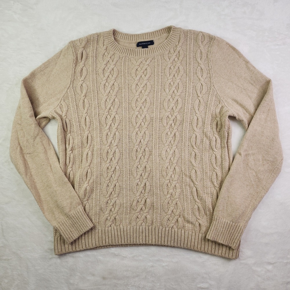 Lands End Cable Knit Beige Cream Sweater Womens Medium Wool Blend Crew Neck